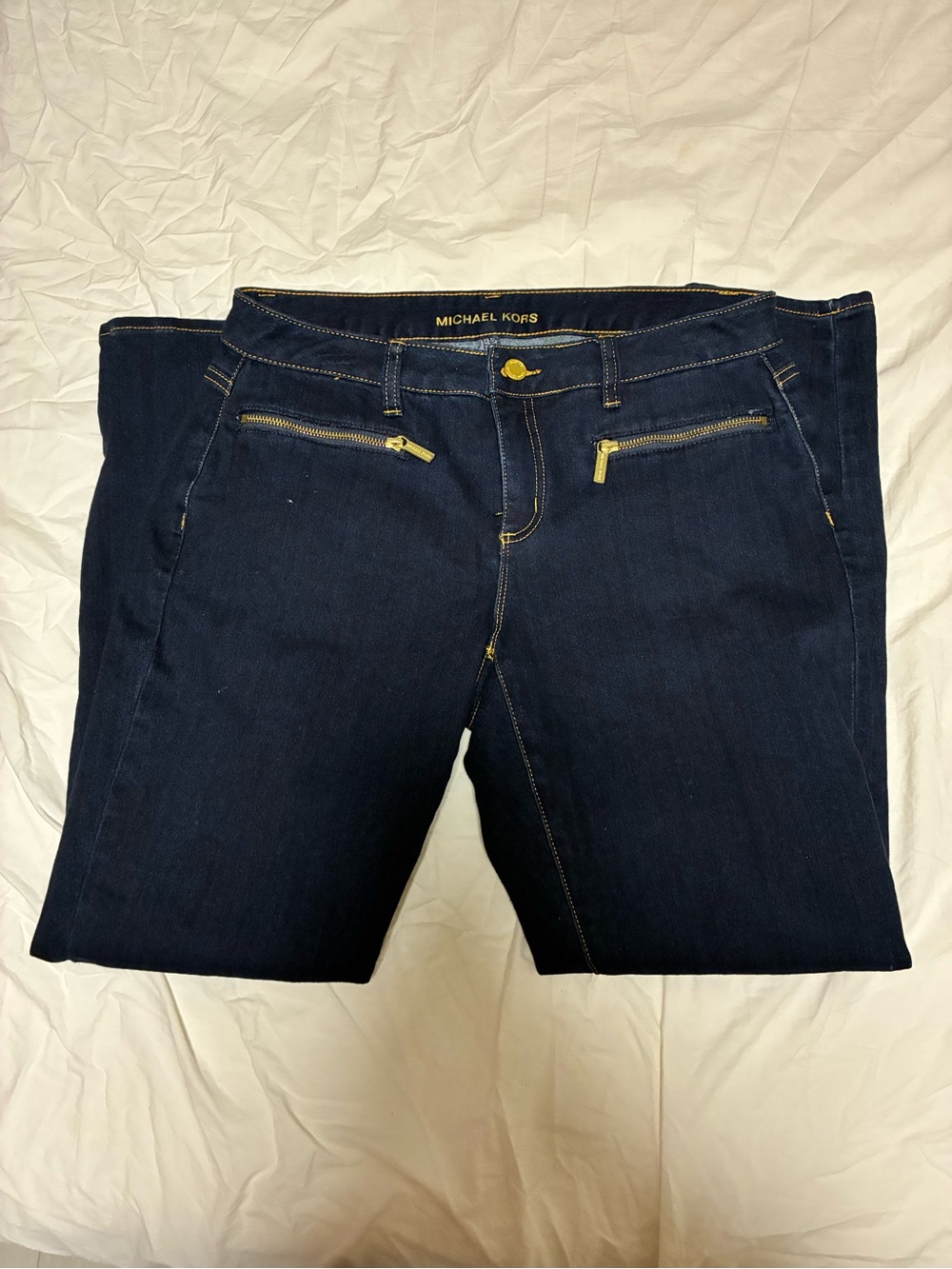 Michael Kors Navy Skinny Jeans with Gold Zipper Accents